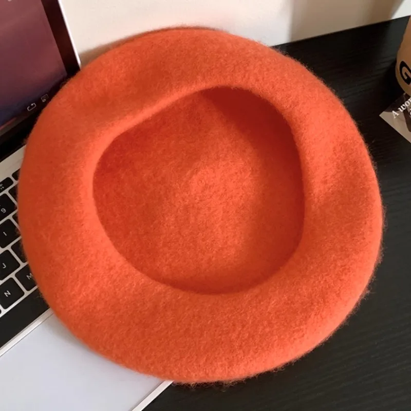 Ins New Funny Cute Orange Woolen Berets Cap for Woman Autumn and Winter Casual Versatile Show Face Small Sweet Painter Hats view 6