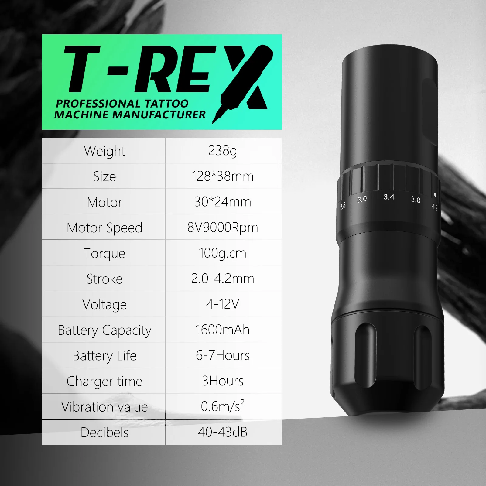 T-Rex Wireless Tattoo Machine Rotaty Machine Pen ,Adjustable 7 stroke length 2.0-4.2 mm  Custom Motor Suitable for Tattoos