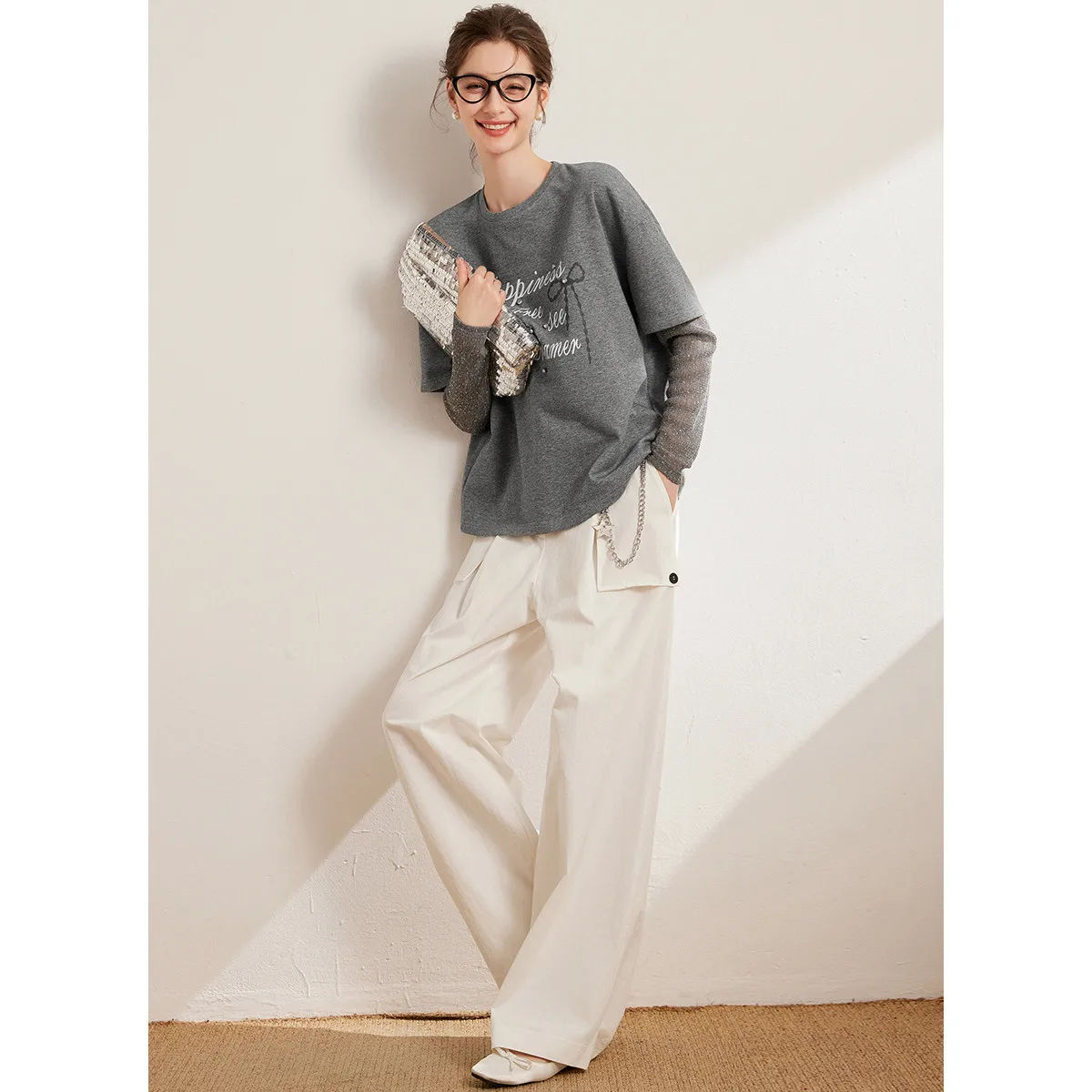 LOUIS YAO 2025 Fake Two Pieces Design T-shirt Casual Round Neck Printed Micro Elastic Loose Women's T-shirt