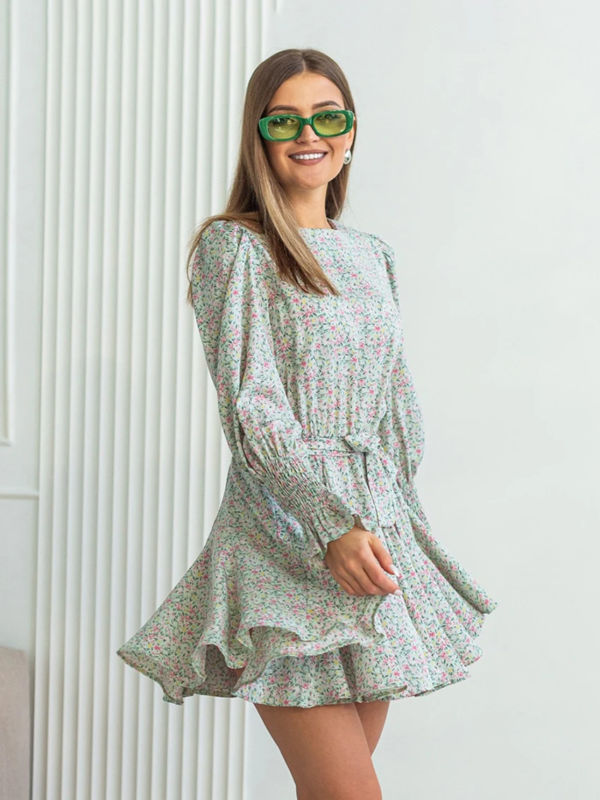 

Marthaqiqi Casual Women'S Pajamas O-Neck Sleepwear Long Sleeve Nightgowns Lace Up Nightie Mini Dress Printing Ladies Nightwear