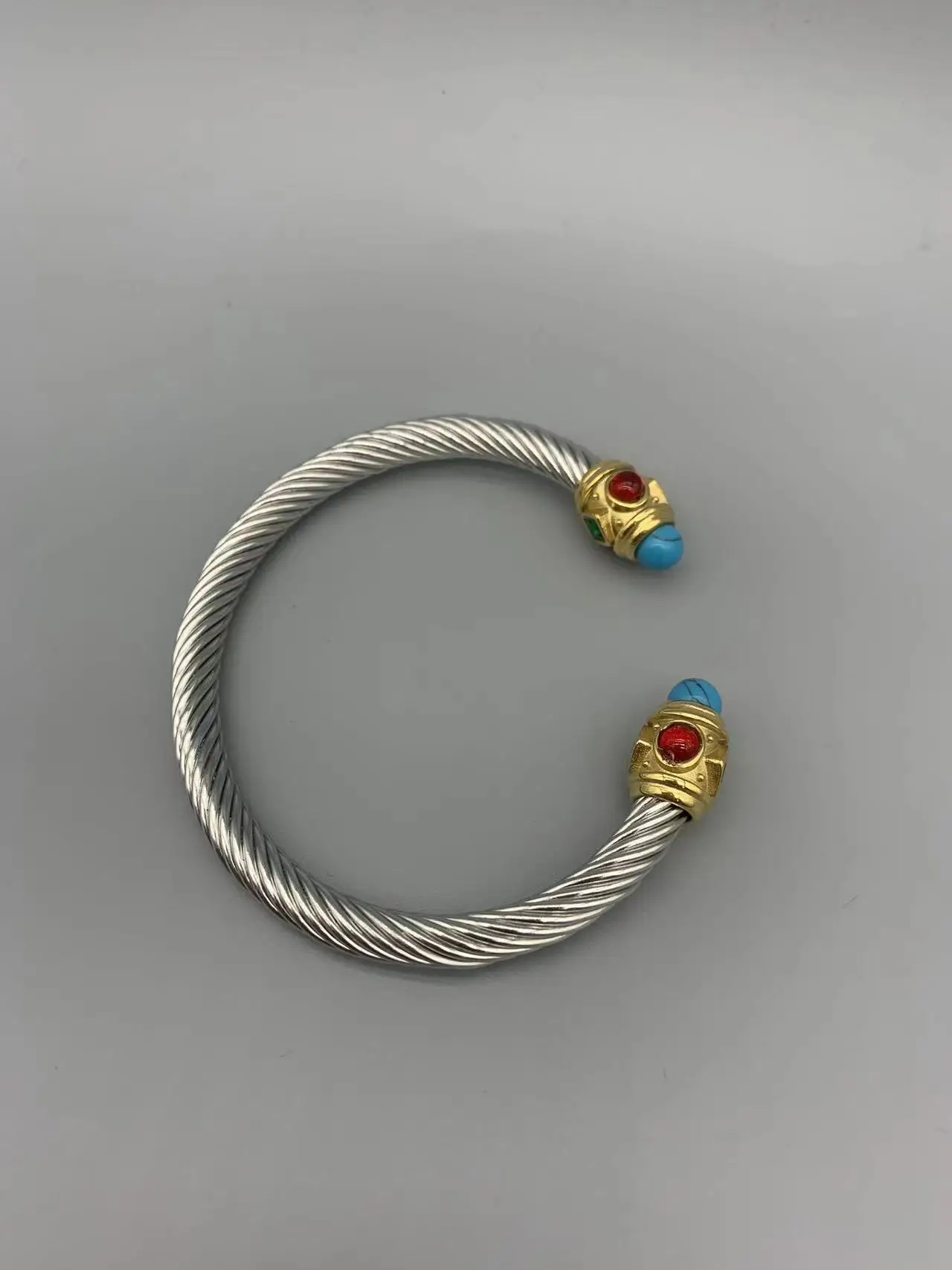 Le Han Jewelry Silver Cable Bracelet In 18k Gold Plated With Blue Red Green Mixed Stone 6MM