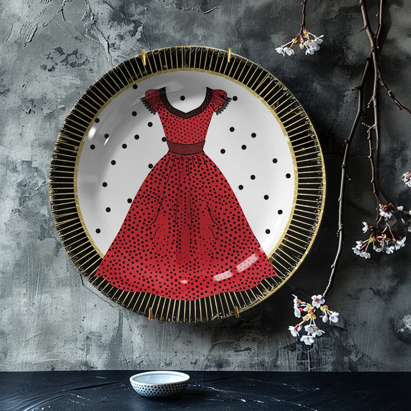 1pc Hand-Painted Red Dress Art Ceramic Plate - Vintage European Round Decorative Plate Suitable for Living Room Display, Dining