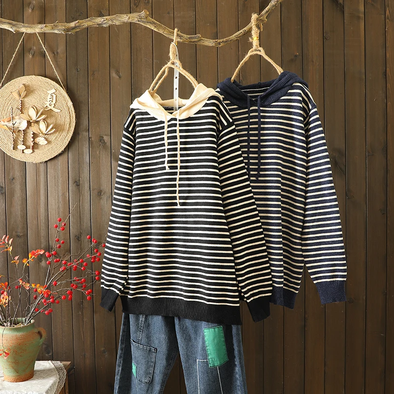 

Вязаная длинная толстовка с капюшоном в полоску, женский повседневный свитер больших размеров, осень-зима, удобная уличная одежда