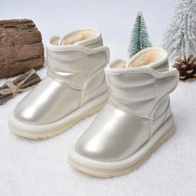 Kids PU Leather Snow Boots for Girls Boys Winter Waterproof Anti Slip Children Shoes Warm Plush Platform Short Boots Baby Shoes