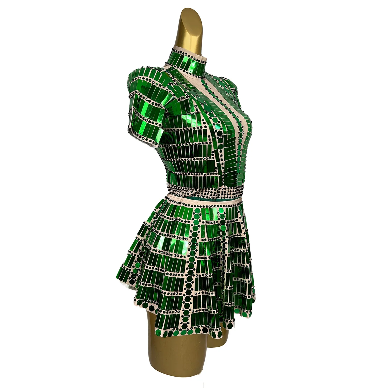 Shining Green Sequins Short Mirrors Dress Lady Bar Nightclub DJ Singer DS Stage 2-piece Performance Outfit Set Lianghuanghuang