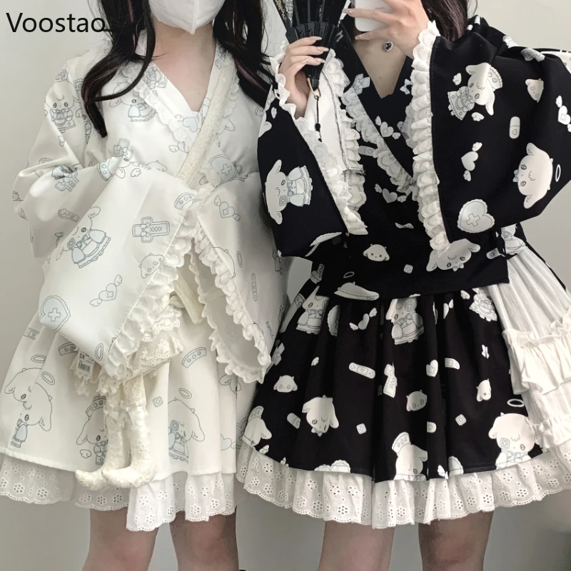 Abito da cameriera Lolita dolce giapponese Kawaii Cute Cartoon Print abiti da festa principessa con grembiule Costume Cosplay Set di abiti Kimono