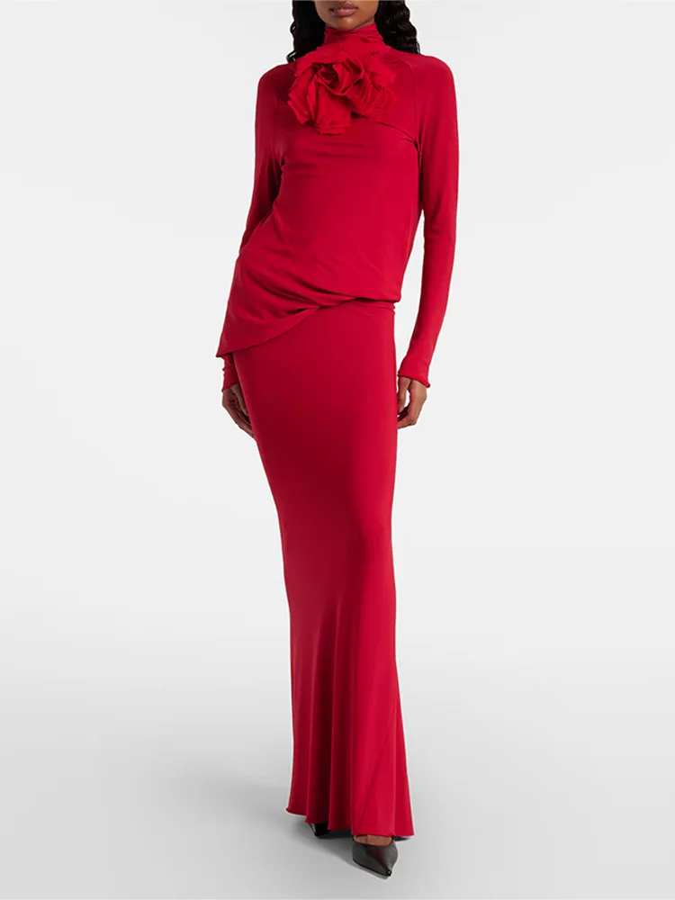 

Nanyou Women's Red New Year Dress with Three-Dimensional Floral Decoration 2025=6 Early Spring New Elegant Long Dress