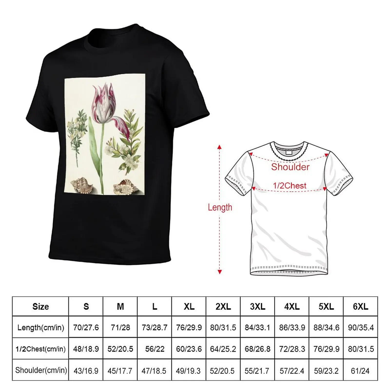 Tulip, two Branches of Myrtle and two Shells Maria Sibylla Merian c. 1700 T-Shirt, Summer Casual Cotton Tee, Unisex Men Women
