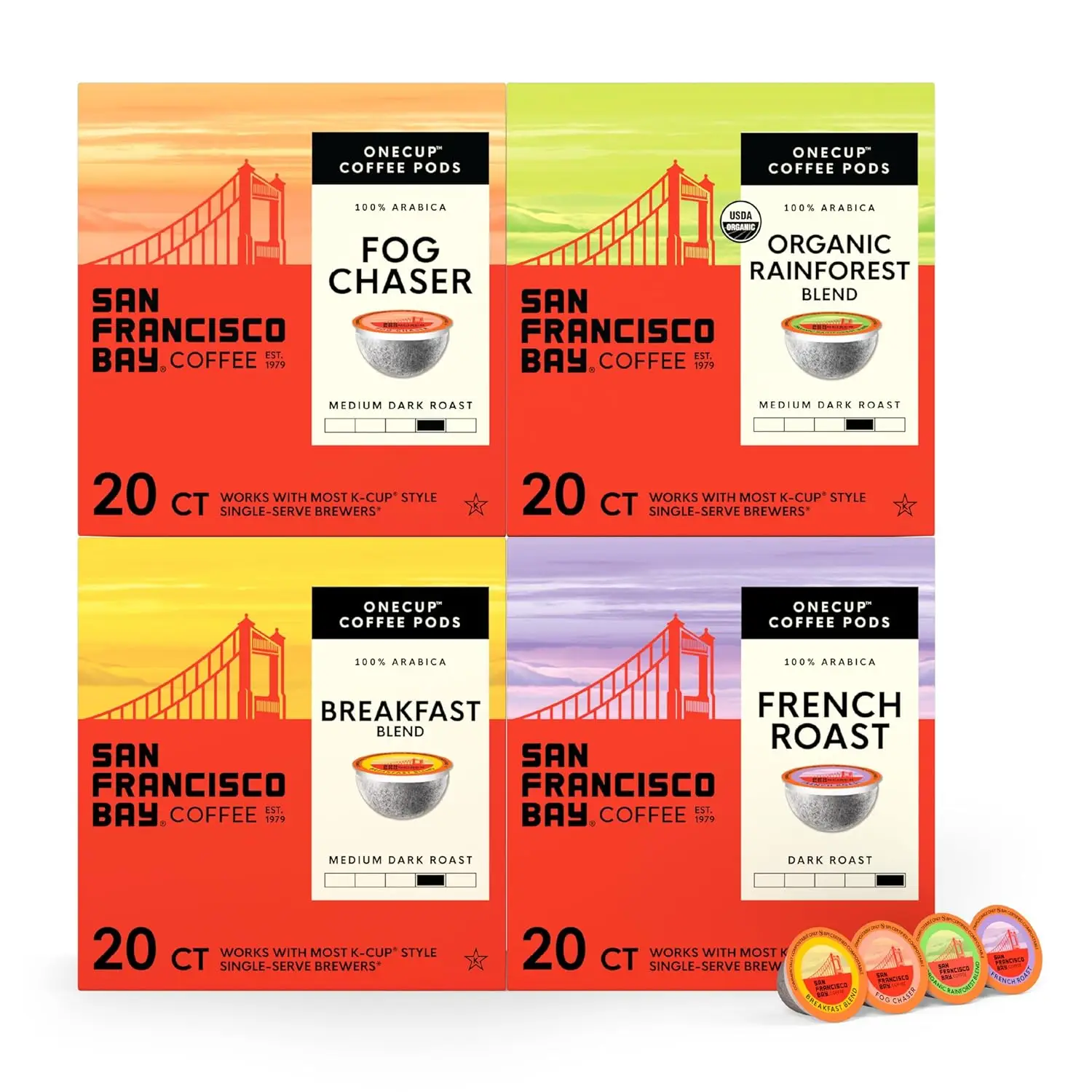 

Favorite Four Variety Pack Coffee Pods, 80 Count, French Roast, Fog Chaser, Organic Rainforest, Breakfast Blend, Compostable