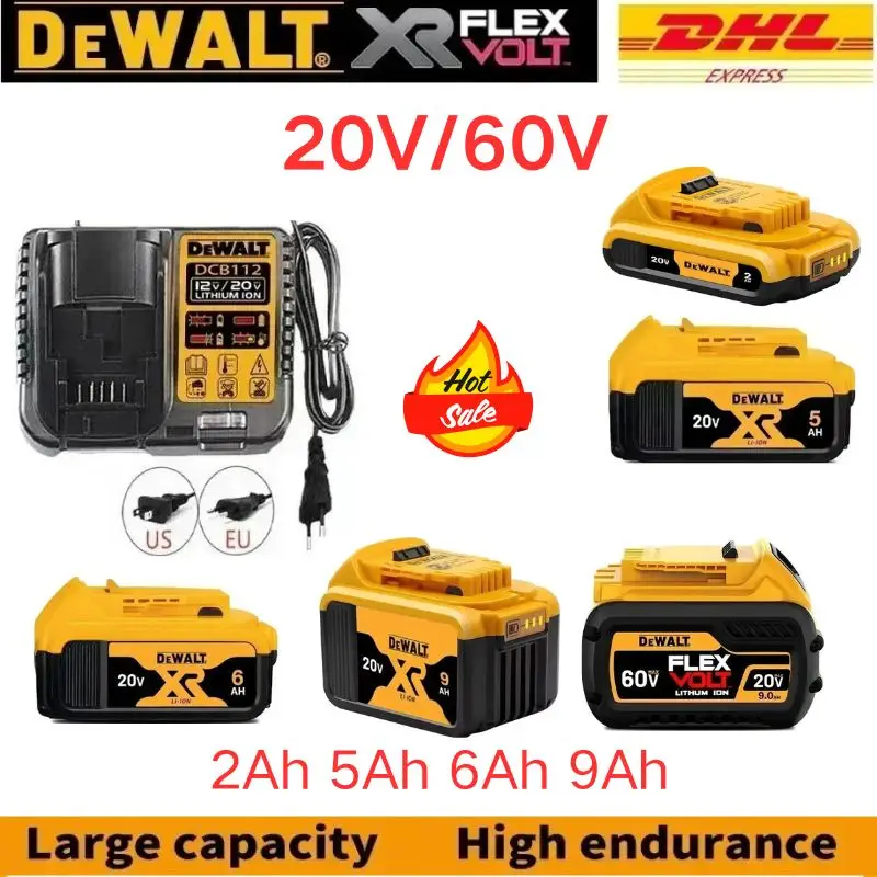 

DeWALT Original Battery 20V/60V 2Ah 5Ah 6Ah 9Ah MAX FlexVolt Li-Ion Battery for DeWALT Power Tool with Charger+electric drill