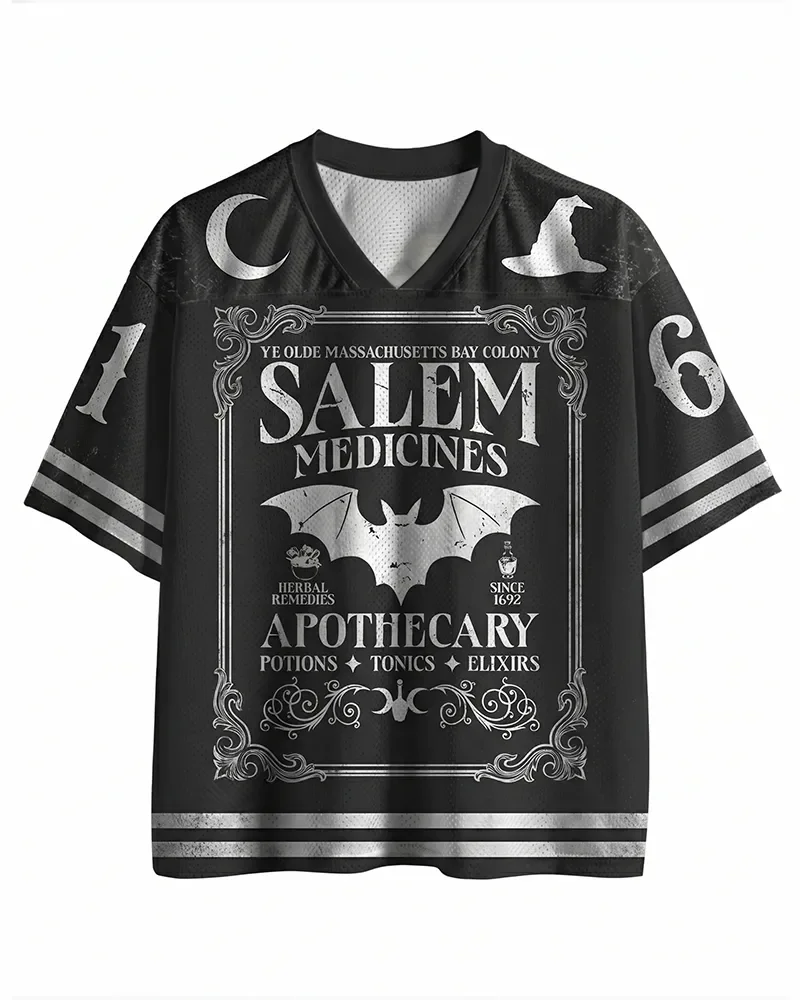 Halloween Mesh Sports Shirt Salem Medicine Witch Hat Bat Moon V-neck Short Sleeved Retro Gothic Streetwear