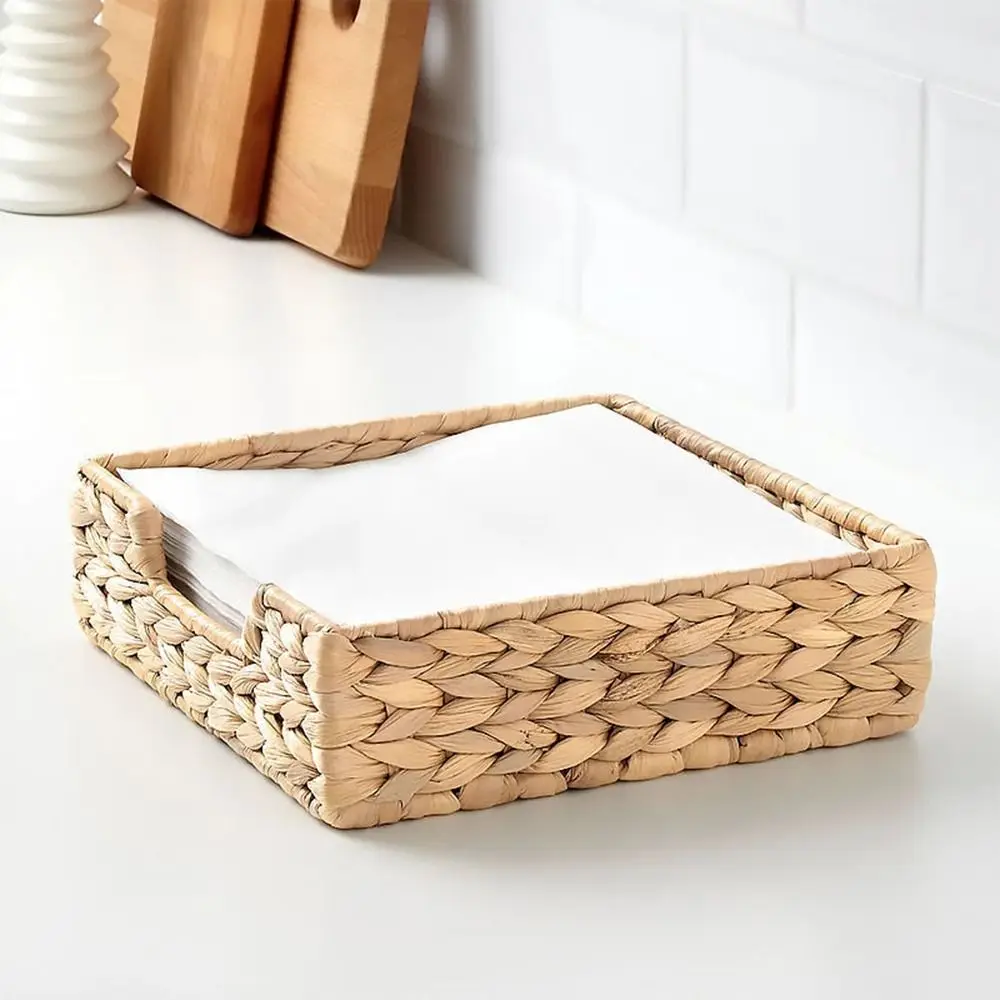 Straw Woven Water Hyacinth Napkin Holder Square Handmade Hand Towels Storage Tray Natural Mildew Resistant Woven Napkin Holder view 4