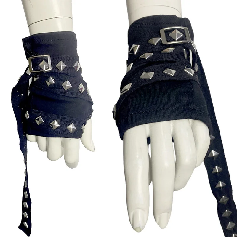 Black Rivet Gloves for Women Unisex Y2K Strap Girl Sleeve Hand Cover Teenage Girls Hip Hop Arm Cover Driving Gloves Accessories