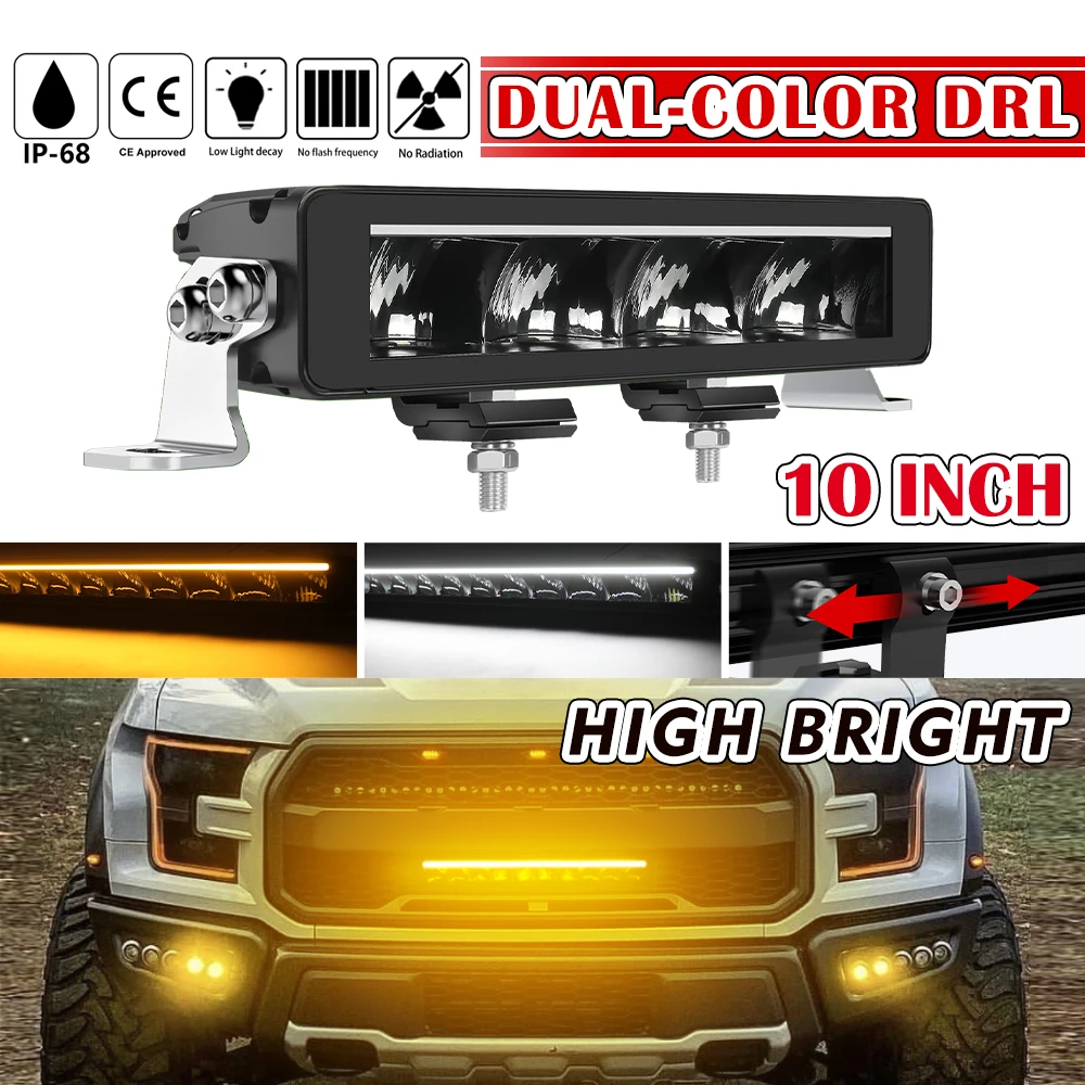 LED Light Bar 10inch 3500K Amber White DRL Spot Flood 12V 24V Offroad Automotive Driving LED Bar for Trucks Pickup Car ATV SUV