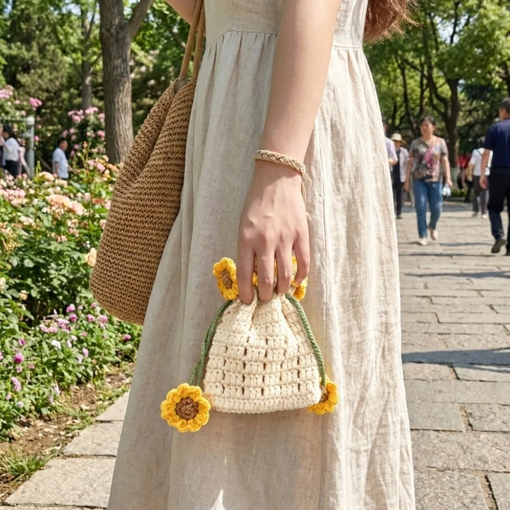 Handwoven Sunflower Design Organizer Pouch Tie Closure Adjustable Rope Hanging Storage Bag Crochet Mini Makeup Bag