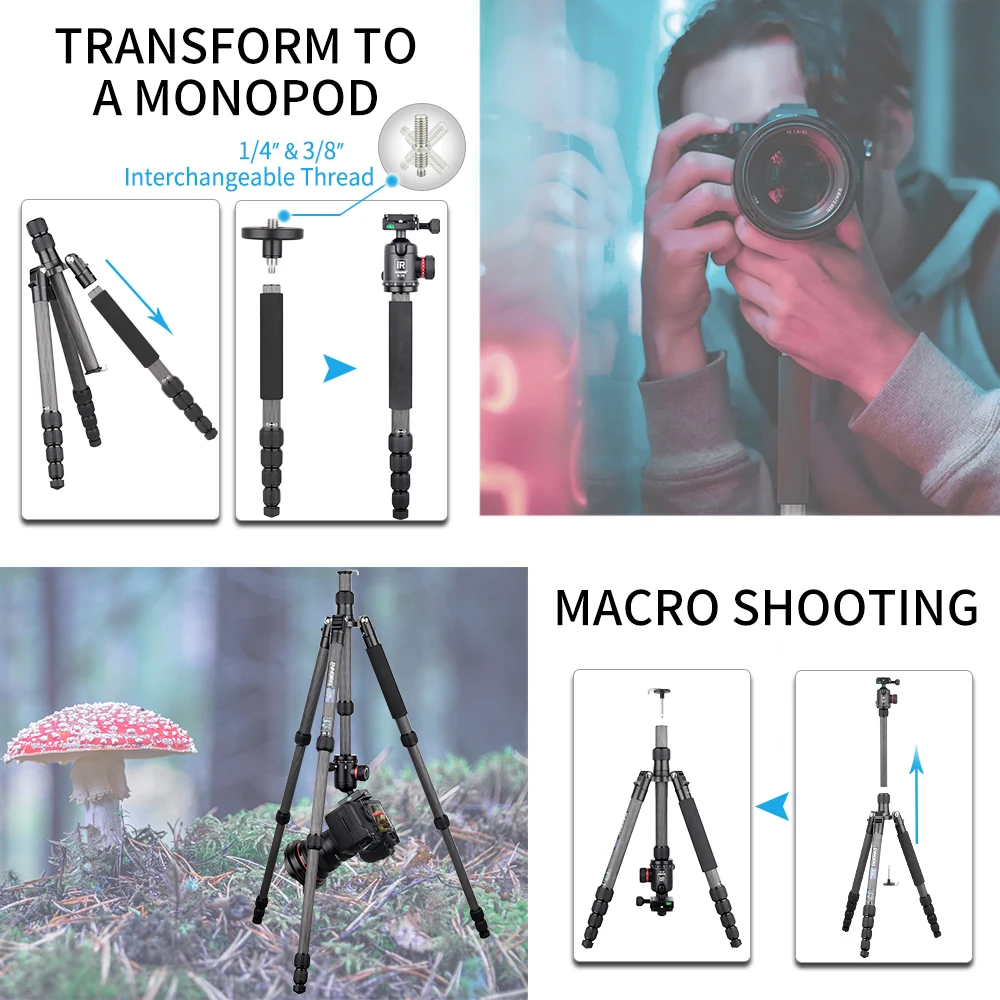 RT55C Professional 10 Layers Carbon Fiber Tripod video travel portable Monopod with ball head for DSLR camera Max Height 161cm