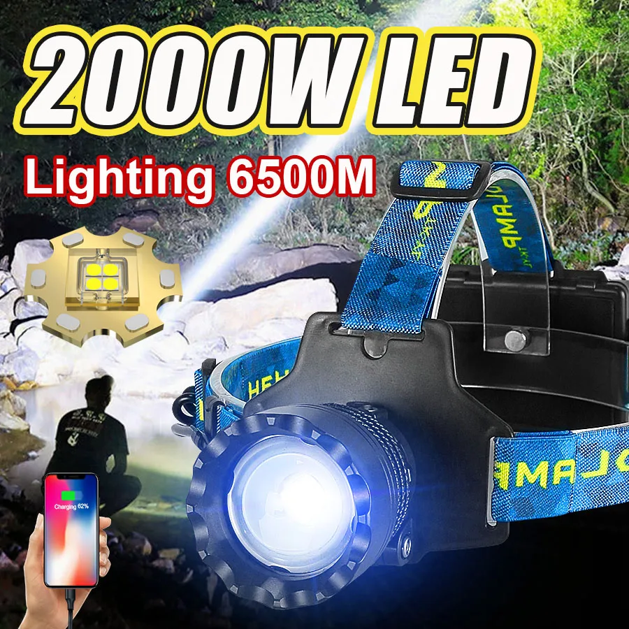 

Мощный светодиодный налобный фонарь 2000 Вт, ультра яркий налобный фонарь 6500 м, 3 режима, рабочий свет с регулируемой яркостью, перезаряжаемый уличный фонарь для рыбалки