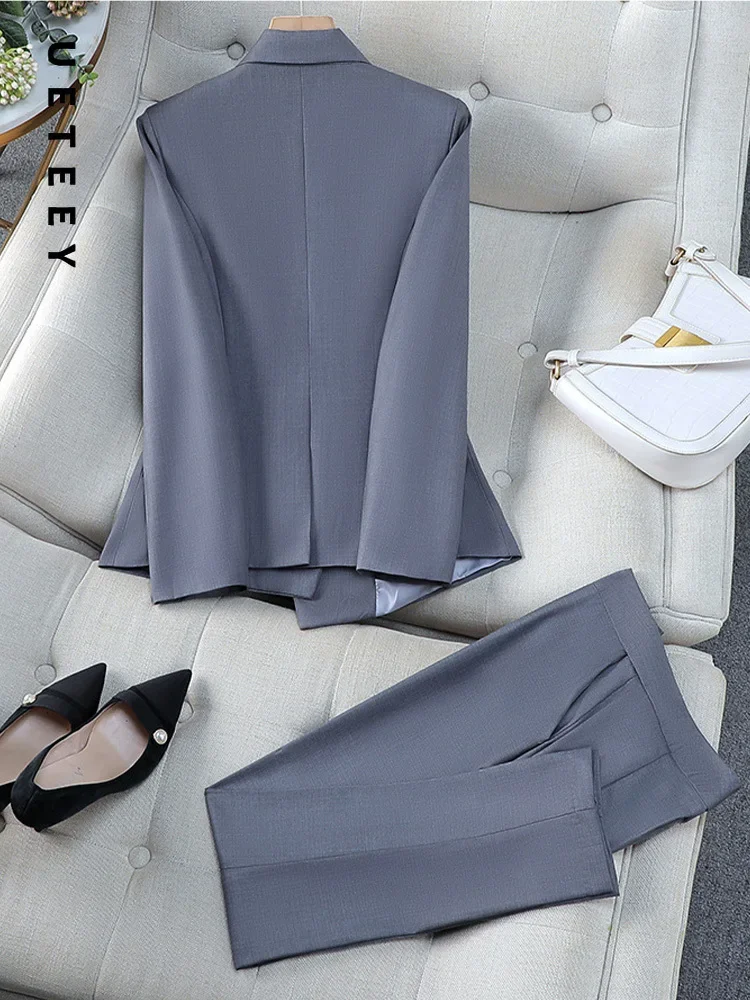 UETEEY офисный серый модный элегантный женский комплект брюк, однобортный комплект на молнии, повседневная рубашка с рукавами, деловая рабочая одежда, комплект из 2 предметов