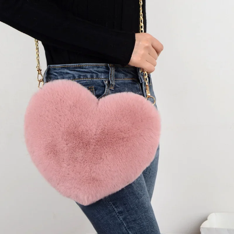 Internet Celebrity Fashion Plush Heart-shaped Chain Crossbody Bag with Artificial Wool Love One Shoulder Peach Heart Zero Wallet