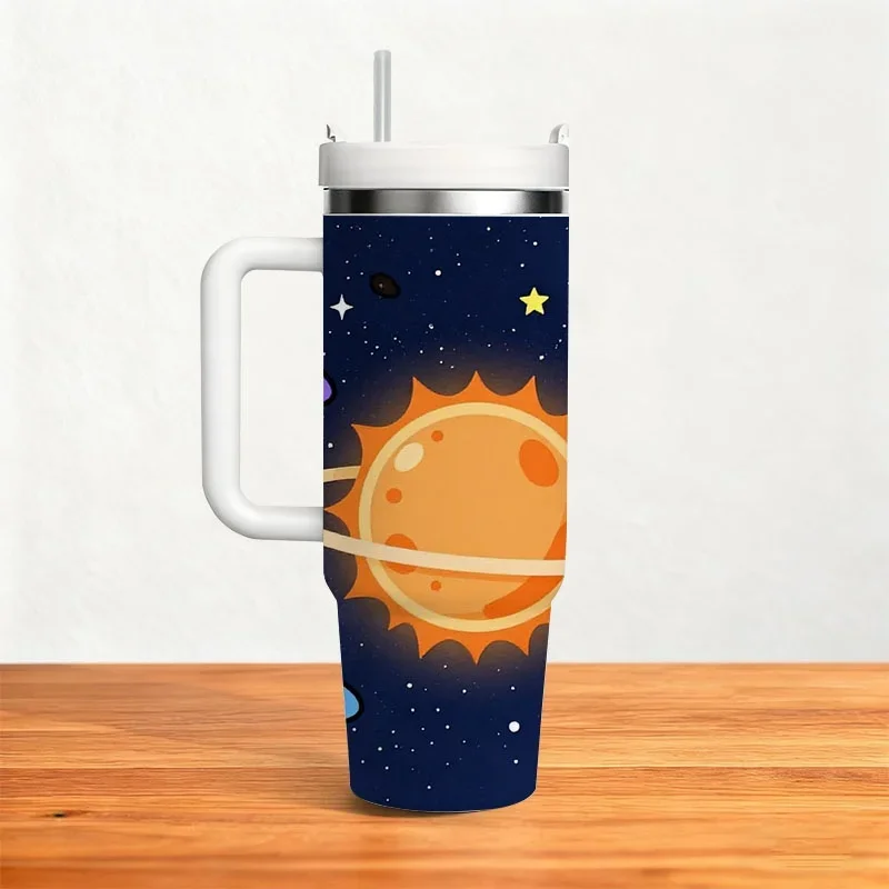 Vibrant Cartoon Solar System Print 40Oz Stainless Steel Insulated Tumbler, Whimsical Cosmic Design with Colorful Planets And Shining Stars, Stylish Drink Container for Daily Use, Office And Outdoor Activities