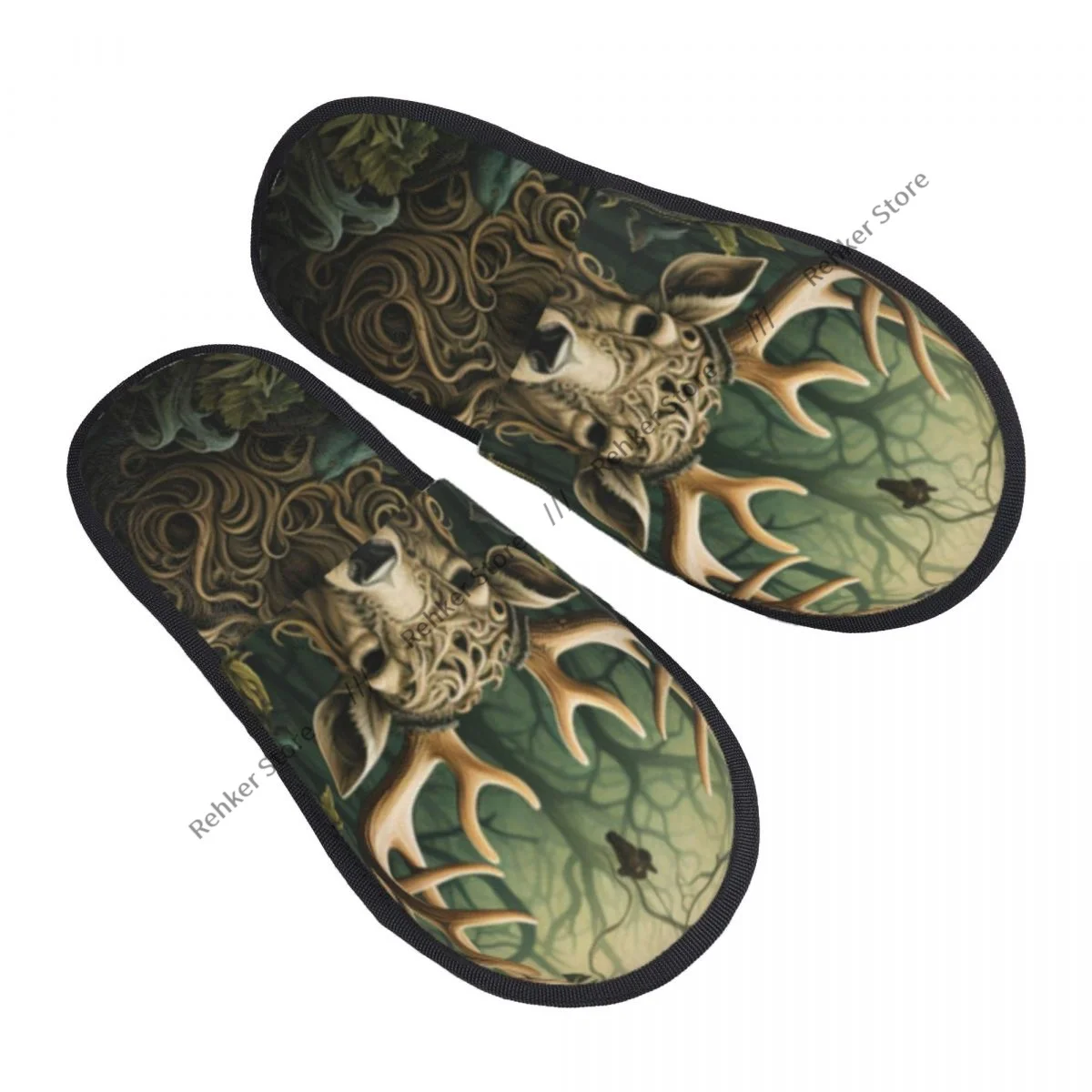 Winter Warm Women Men Plush Flat Indoor Slippers Deer In The Forest Furry Home Non-slip Shoes