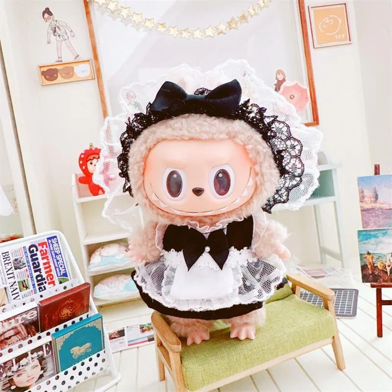 17cm Pendant Labubu Doll Dress Cute Labubu Doll Clothes Black Maid Uniform Suit Cartoon Doll Hoodie Bodysuit Outfit Doll Costume