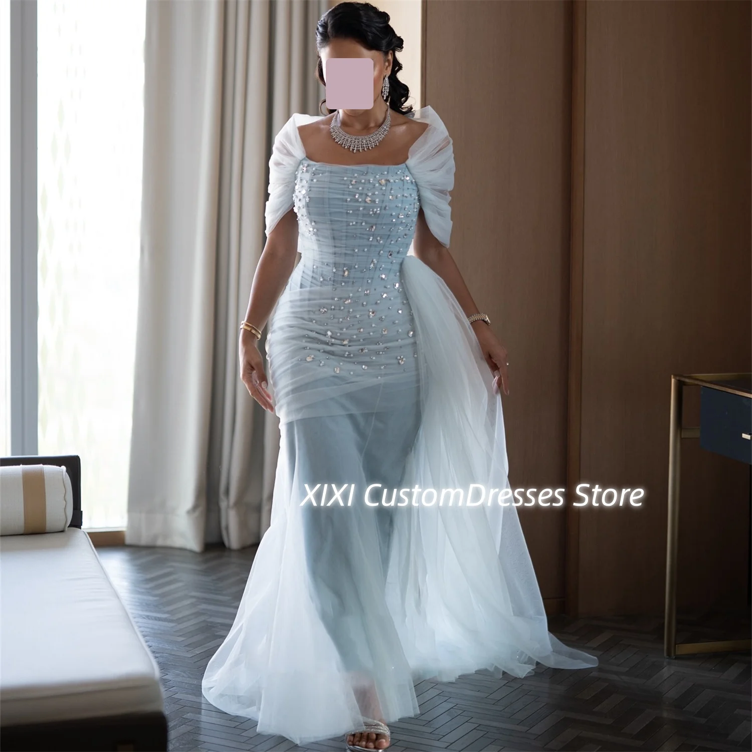 

Настройте платье длиной до пола с квадратным вырезом русалки по индивидуальному заказу, небесно-голубое платье длиной до пола для выпускного вечера, платье на молнии с бусинами и бретелями