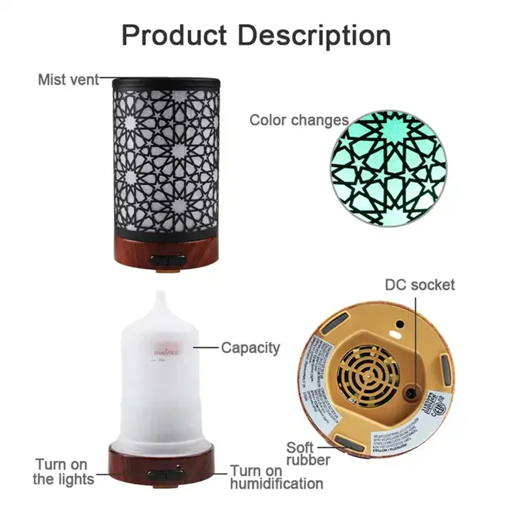 Air Humidifier Essential Oil Diffuser Desk Wrought Iron Hollow Color Gradient 7 LED Night Lamp Colors 100ML for Room Home