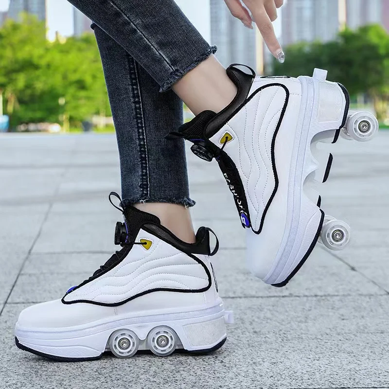 Deform Wheel Double Row Sneakers, Breathable Walking Invisible Pulley Deformation, Light Skates, Roller Shoes, 4 Wheels, Size 33