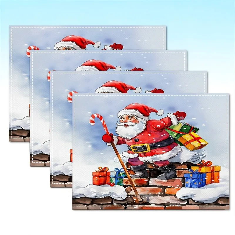VIKAMA Christmas Linen Placemat, Watercolor Santa Chimney Candy Cane, Machine Washable Absorbent Durable, Holiday Dinner