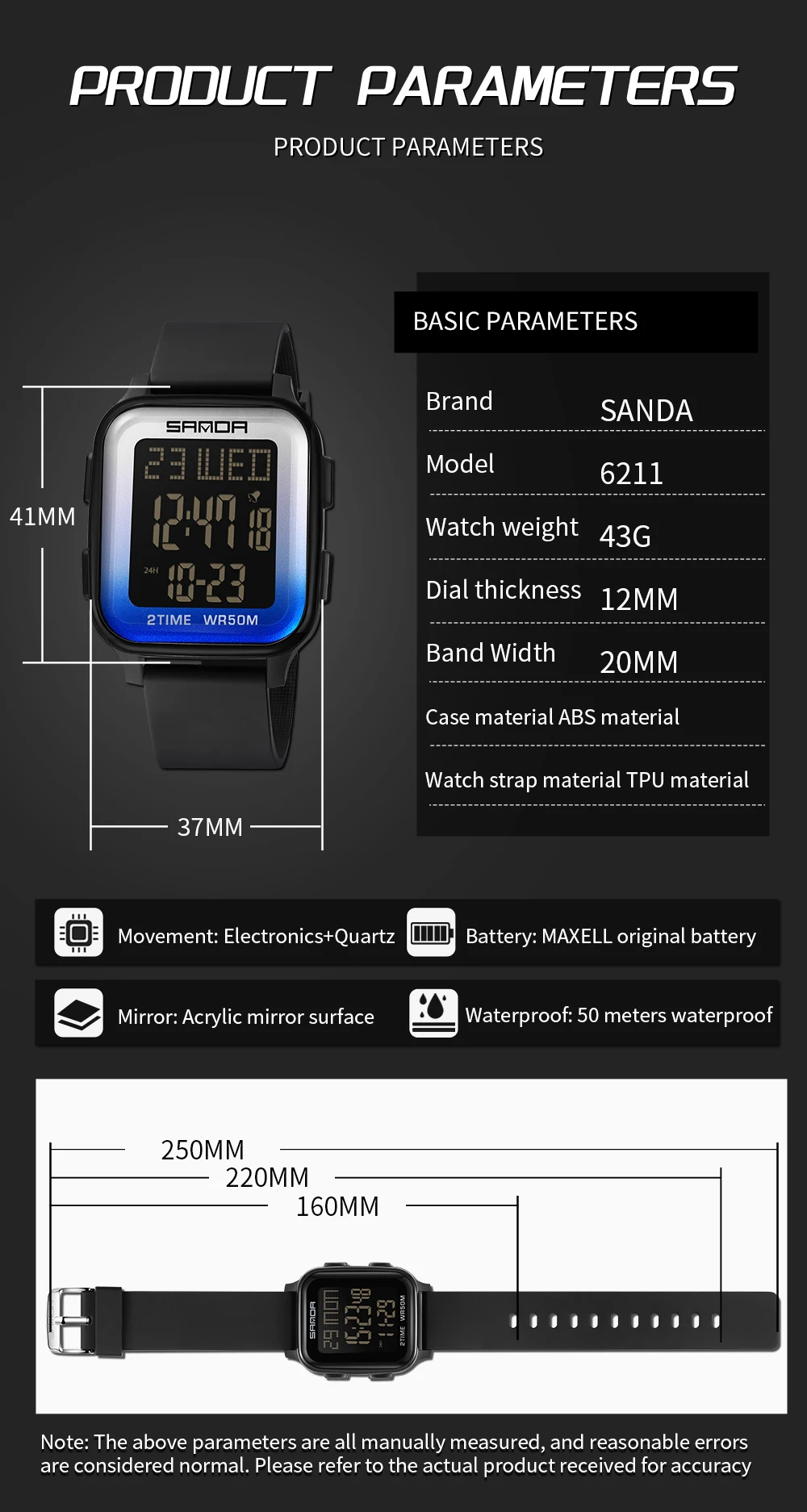 SANDA 6211 موضة ساعة إلكترونية للرجال رياضية مقاوم للماء متعددة الوظائف LED ساعة تنبيه طالب ساعة إلكترونية 2025