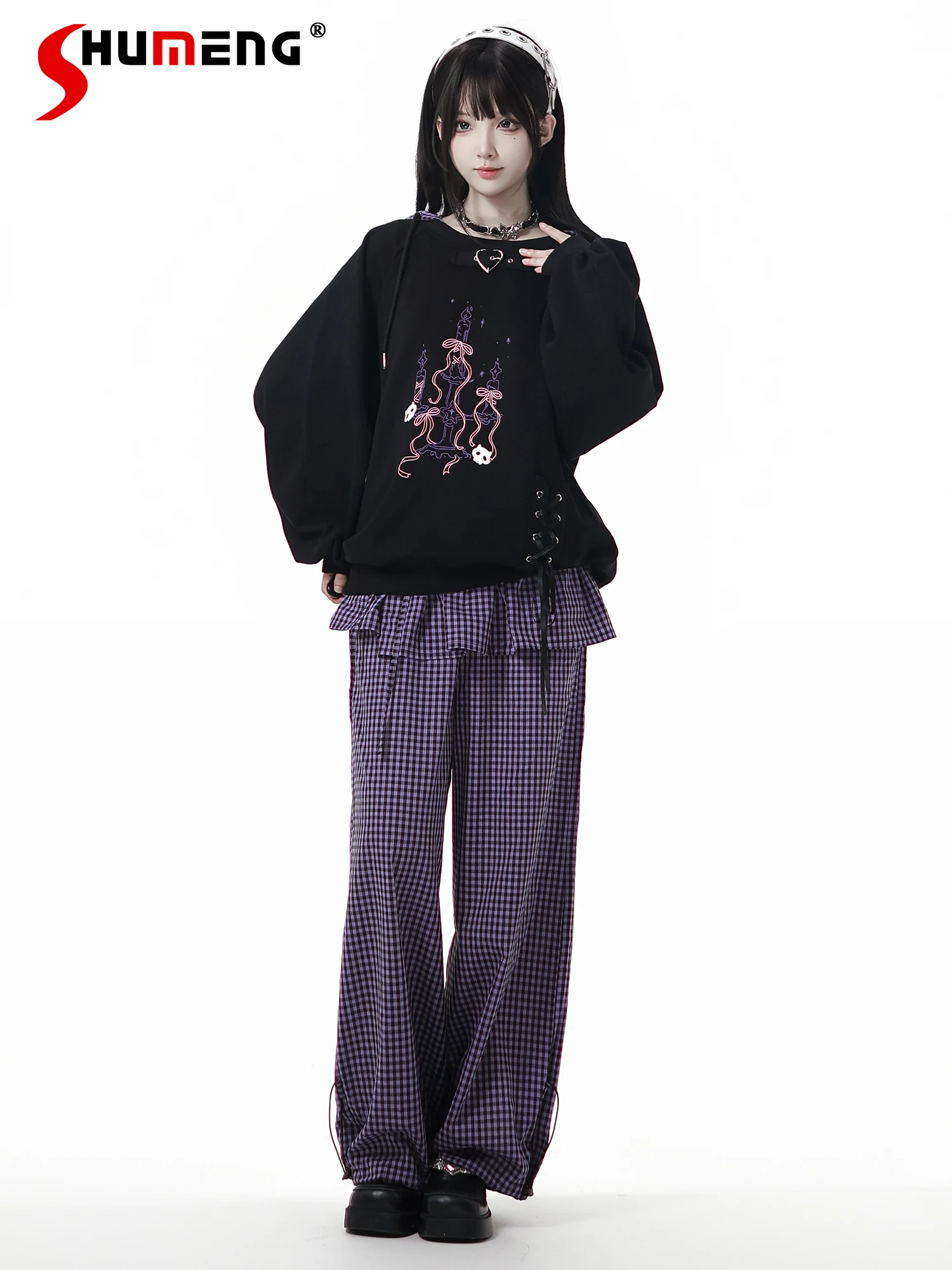 

Preppy Style Fashion Highstreet Sweet Cool Girl Hoodies Plaid Hooded Long Sleeve Lace-up Loose Casual Sweatshirts Women Autumn