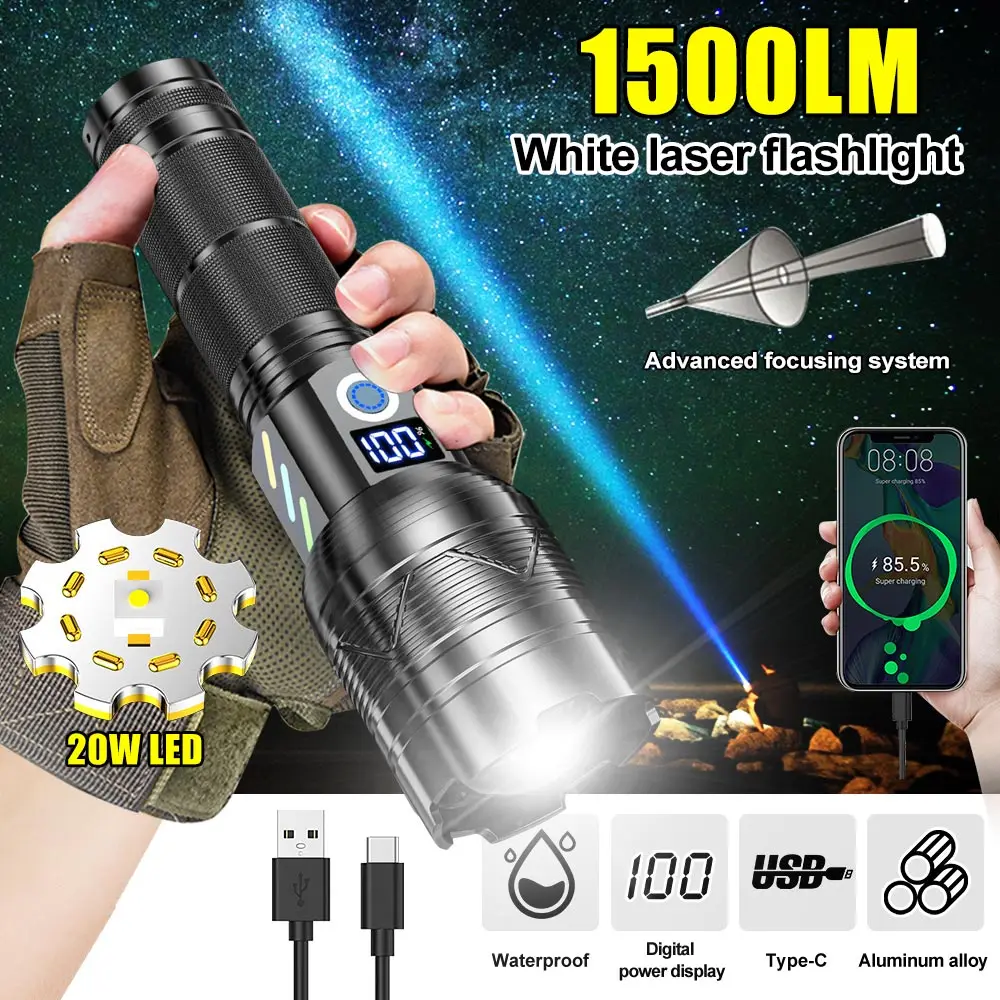 

White Laser Powerful Flashlight 1500LM 1000Meter Long Shot Lantern TYPE-C Rechargeable Zoomable Camping Torch Spotlight