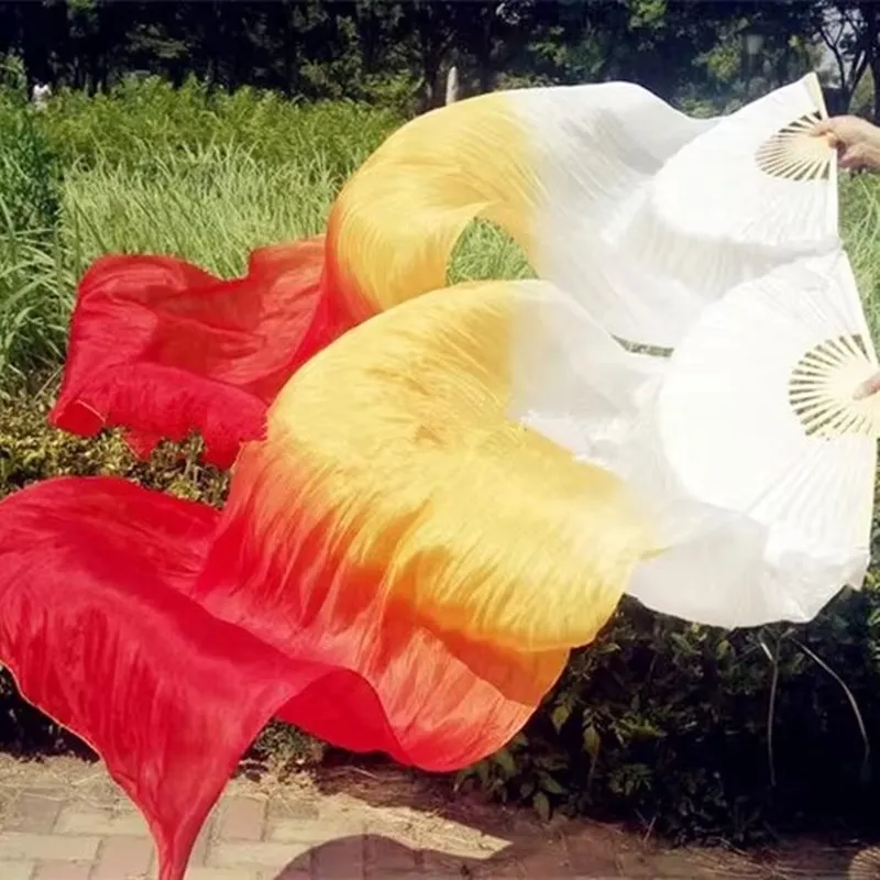 Fatto a mano in seta colorata bambù fiamma danza del ventre danza lunghi ventagli pieghevoli veli arcobaleno sfumato 120 cm 150 cm 180 cm professionale