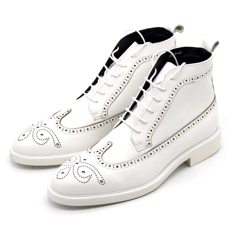 New British Fashion Men Boots Genuine Leather Sculpted Brogue Chelsea Boots Youth High Top Lace Up White Derby Boots