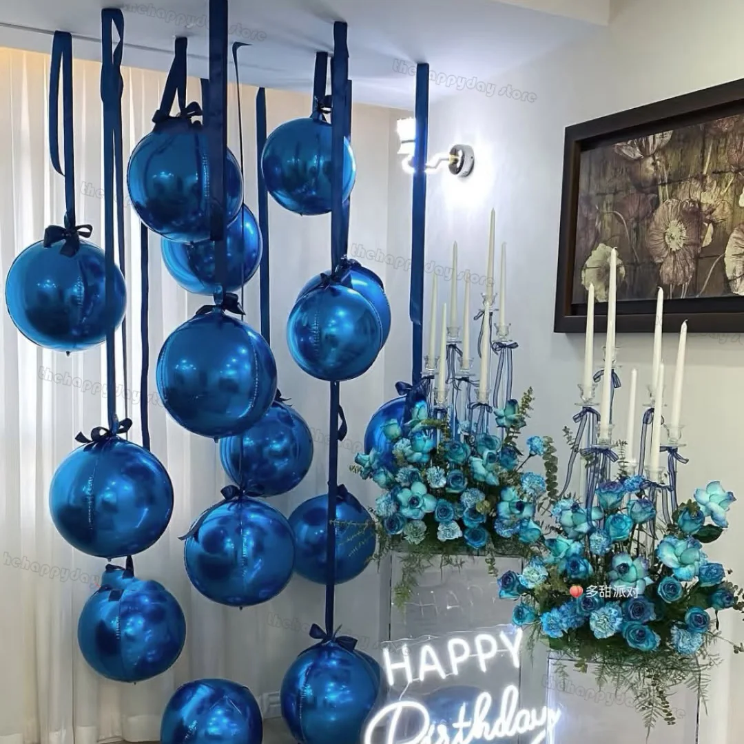 12 قطعة بالونات رقائق مستديرة 4D باللون الأزرق الداكن 22 "15" 10 "أزرق معدني 4D احباط بالون الهيليوم لتزيين حفلات أعياد الميلاد والتخرج والزفاف #2