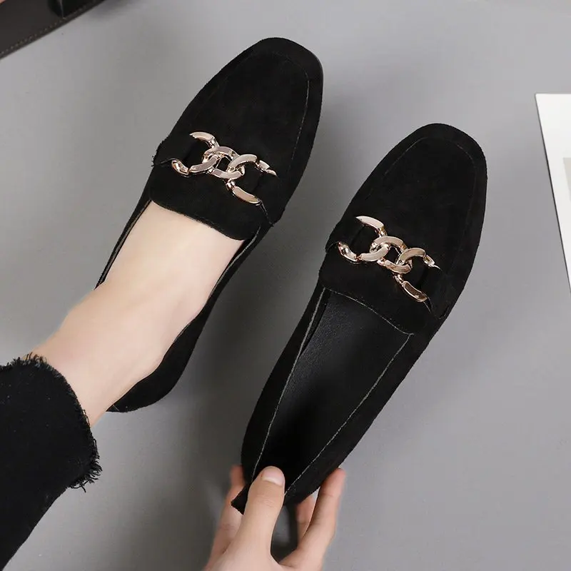 

Spring Fashion Women's Flat Shoes Quality Metal Slip-On Loafers Artificial Leather Flat Heel Summer Season Casual Footwear