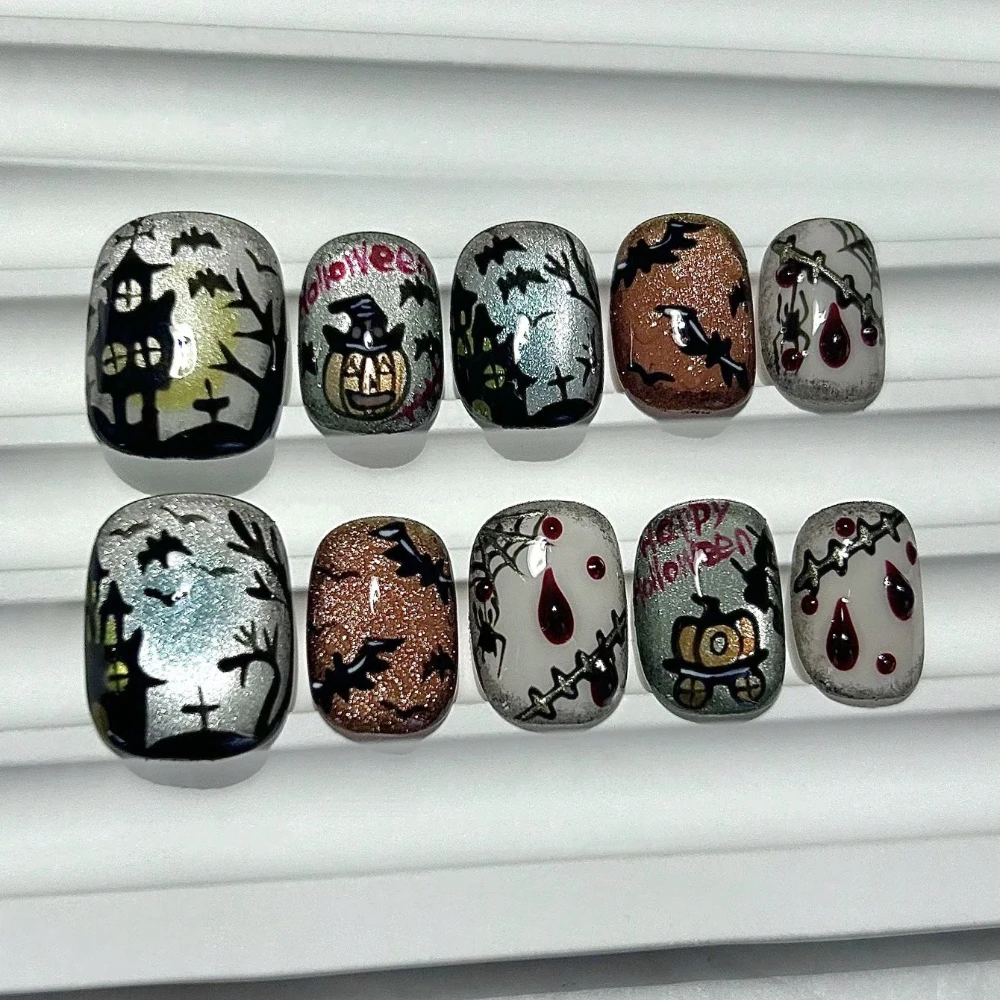 

10 шт., вечеринка на Хэллоуин, короткое нажатие на ногтях, ручная роспись, милые готические накладные ногти «кошачий глаз», тыква, паутина, замок, дизайн ногтей