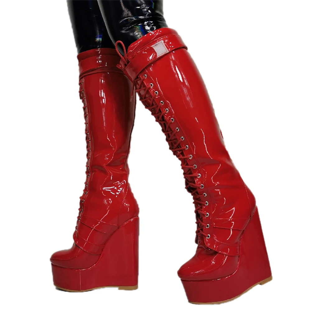 

Zapatos Mujer Patent Leather High Platform Knee High Wedge Boots Red Shining Round Toe Lace-up Long Height Increased Boots Shoes