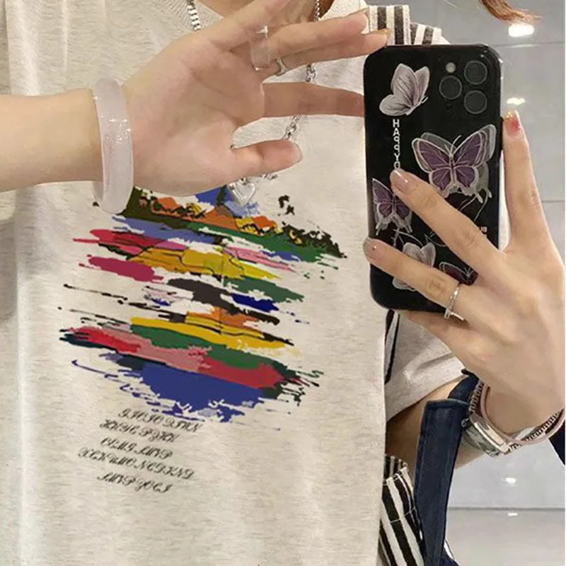 Summer New Cotton American Graffiti Printed Short Sleeve T-shirt Fashion High Street Loose Casual Original Design Women's Top image 2