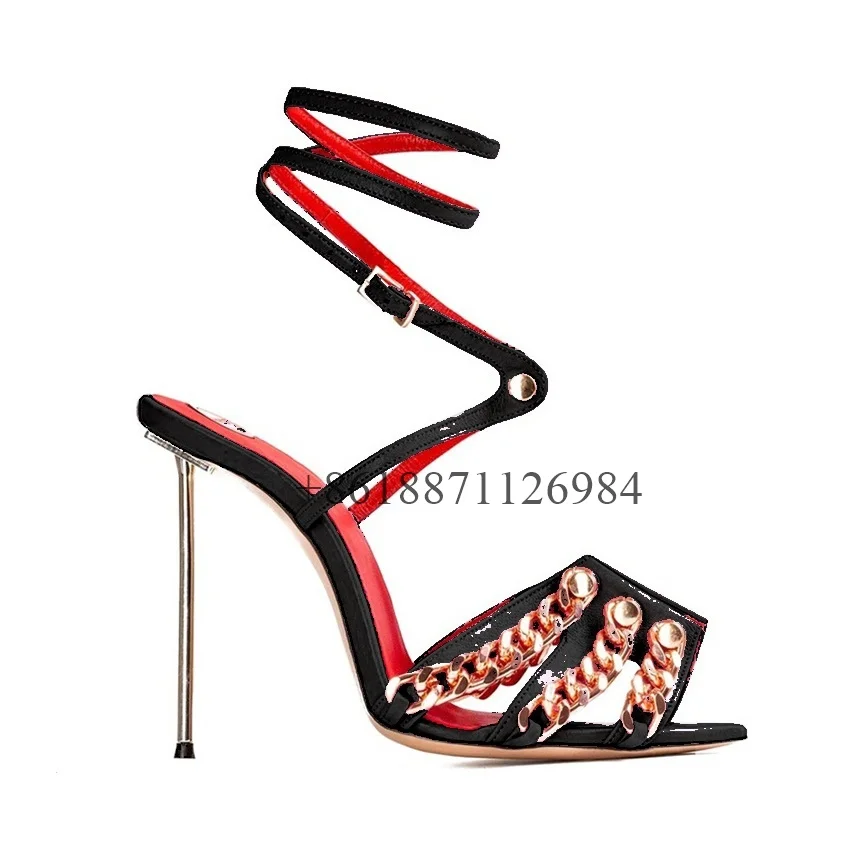 

Sexy Style Cross Strap Peep Toe Metal Chain Summer Women Sandals Metal Stiletto High Heels Buckle Strap Design Large Size Shoes