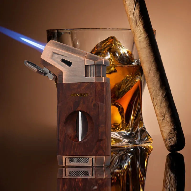 Cigar Torch Lighter with V Shape Cutter, Windproof Jet Flame, Butane Lighters, Gift for Men, Luxury