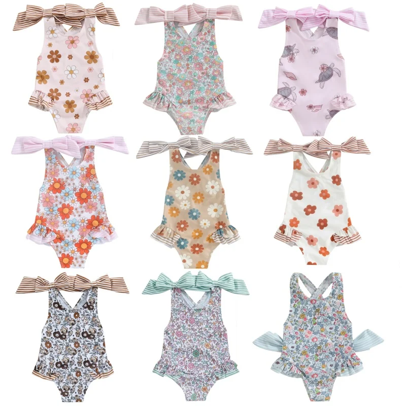 1-6Y Kids Swimwear Girls Bikini Set 2024 New Sleeveless Bow Straps Floral Bathing Suits Baby Swimsuits Toddler Beachwear