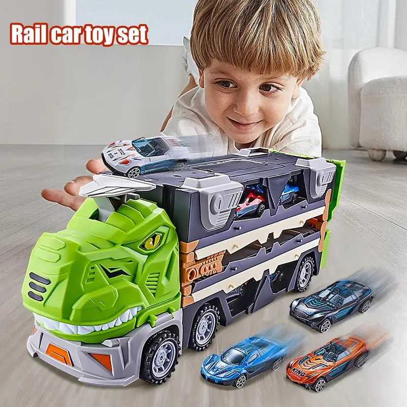 Dinosaur Deformation Ejection Car Toy Storage Truck Children's Dinosaur Toy With 8 Alloy Racing Cars Halloween New Year