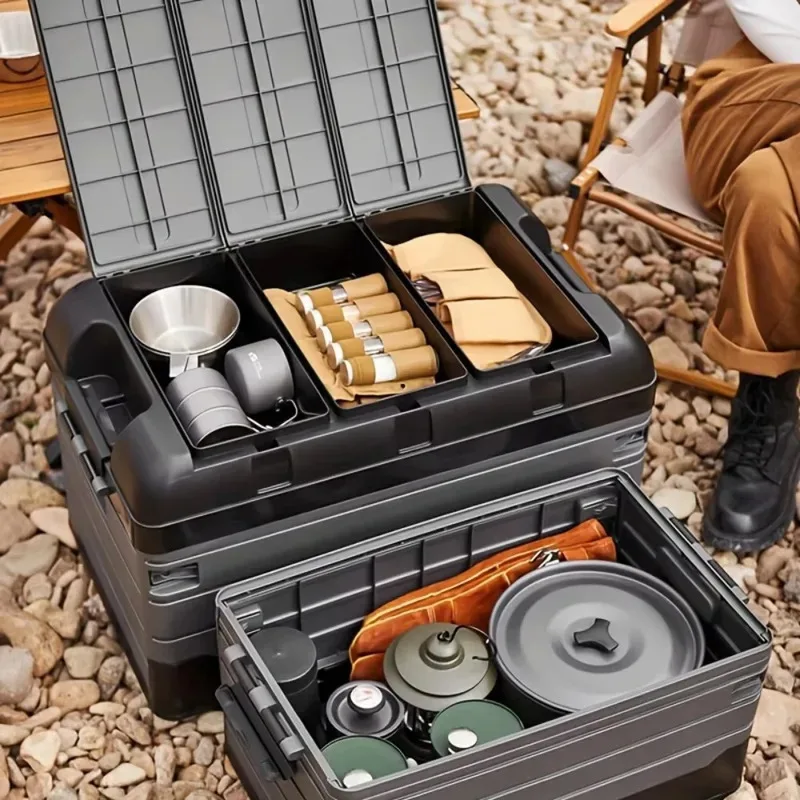 Foldable trunk storage box for camping seating, car backrest organizer with lid, durable collapsible container for cargo