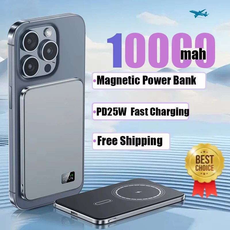 10000mAh Magnetic Power Bank Wireless Portable PD25W Fast Charging Ultrathin External Battery For iPhone Samsung Xiaomi Magsafe