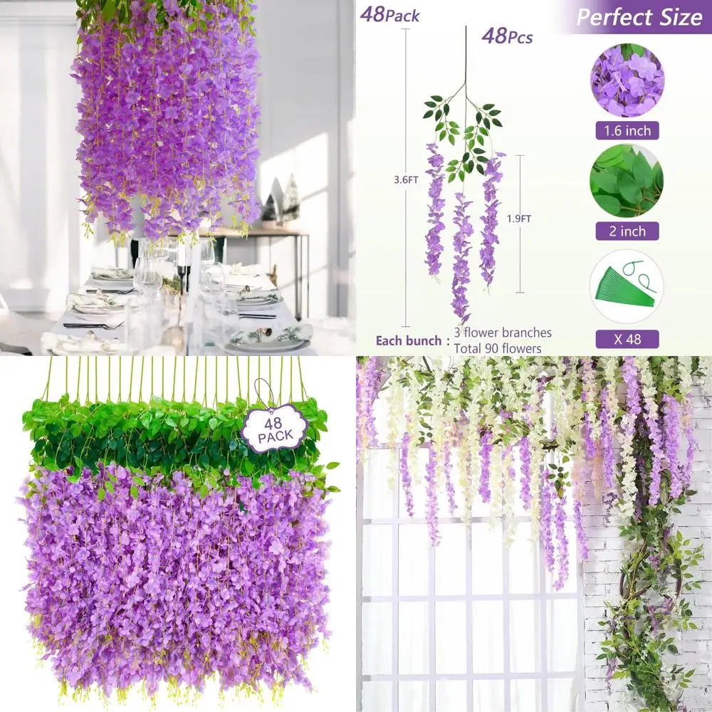 

Искусственная гирлянда из 48 цветков глицинии для свадебного и домашнего декора сада, подходит для использования в помещении и на улице