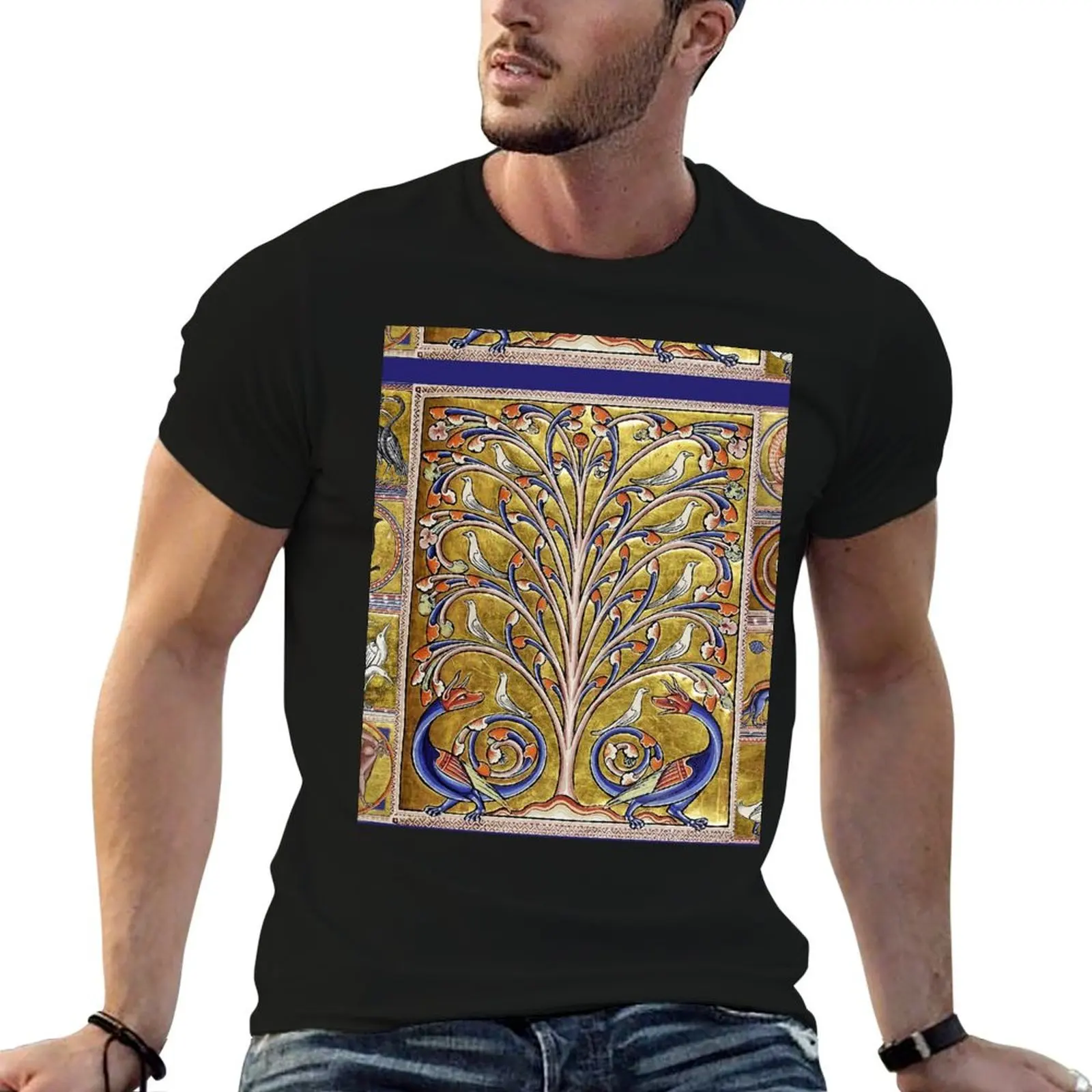 MEDIEVAL BESTIARY,TREE OF LIFE ,BIRDS,DRAGONS FANTASTIC ANIMALS IN GOLD RED BLUE COLORS T-Shirt Summer Casual Loose T-Shirt