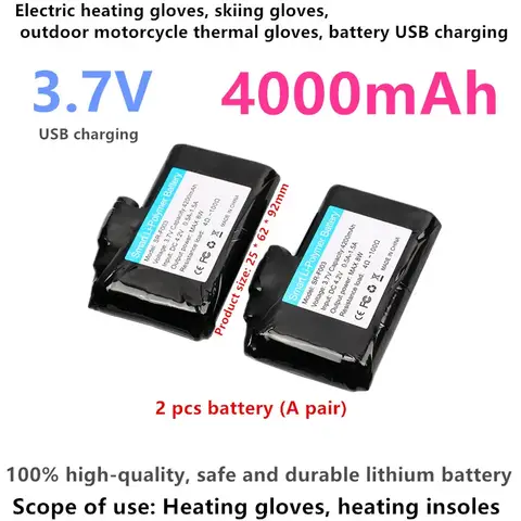 (배터리 2개) 3.7V 4000mAh 전기 가열 장갑, 가열 스키 장갑, 야외 오토바이 따뜻한 장갑, 배터리 USB 충전