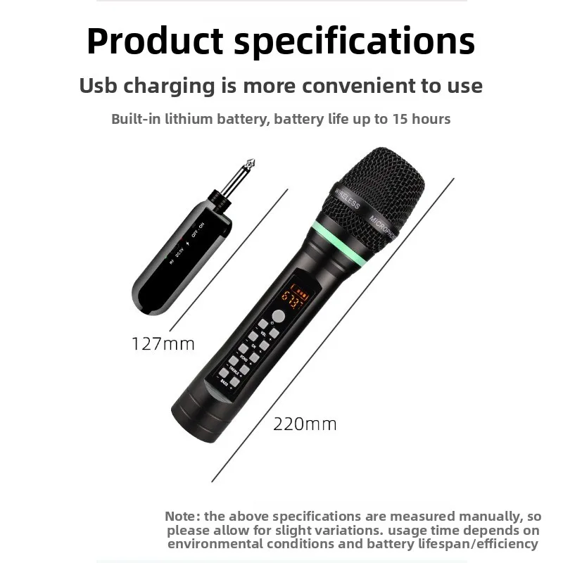 D600-813 UHF Frequency-Adjustable Wireless Microphone 50X2 Channels with Reverb for Home Karaoke/Outdoor/Stage/Live Streaming